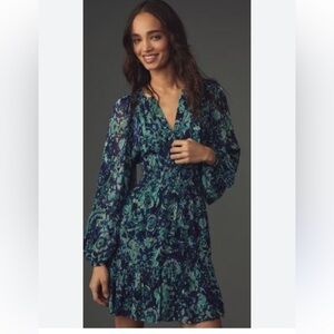 Anthropologie Long-Sleeve Cinched Waist Floral Mini Dress